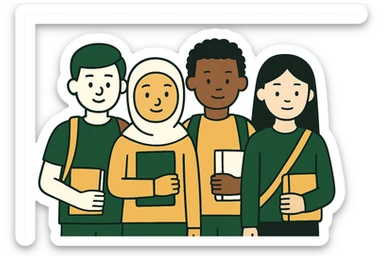 multicultural group of students, minimalistic, green gold and white color scheme, clean lines sticker