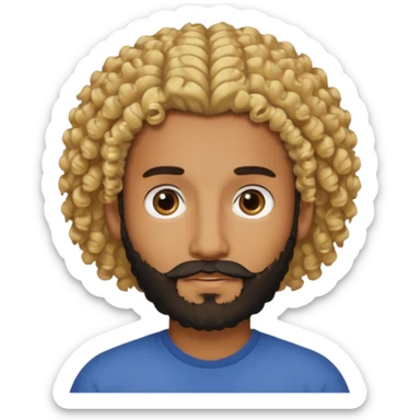 Brown man with curly blonde hair and a black beard sticker