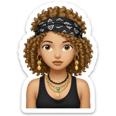 Baddie girl with black  tank top curly hairss and bandana and jwellery sticker