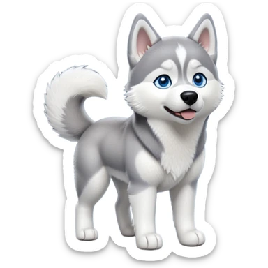 cinematic-[siberian husky]-realistic-full-body-standing-emoji,-tail-resting-loosely-beside-its-paws,blue eyes-head-tilted-dramatically, -fluffy-[grey and white]-fur,-simplified-yet-realistic-focused-features,-highly-detailed,-glowing-with-an-almost-sarcastic-glow sticker