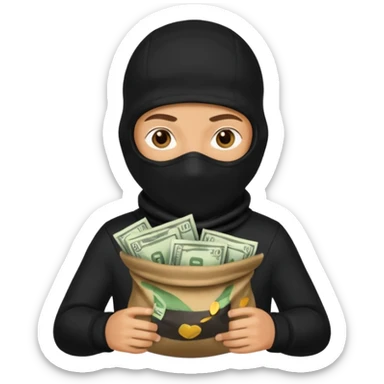 создай человека в черное одежде и черной балаклаве с большим мешком денег в руках sticker