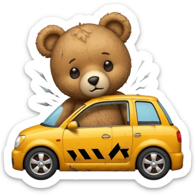 Teddy bear crashing a car sticker