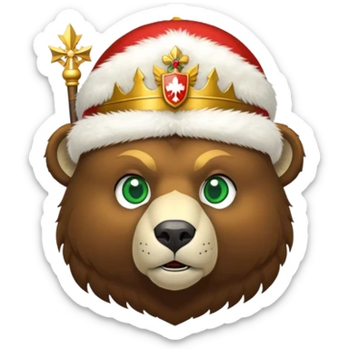 Brown bear head only with green eyes, white furry ushanka hat with accurate Russian Federation emblem featuring golden eagle, three crowns, scepter, orb, and red shield with St. George, iOS emoji style sticker