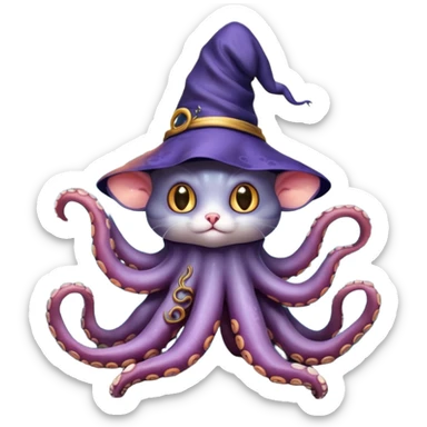 a cat that looks like a wizard that is half monster half octopus holding a rat looking super scary and mysterious with forest background nighttime sky sticker