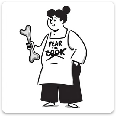 An apron with the text "Kiss the Cook" scratched out and replaced with "Fear the Cook", featuring a giant rib bone as a weapon sticker