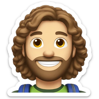 Skydiving college student that's fit with German facial features, long wavy brown hair, brown eyes and a beard sticker