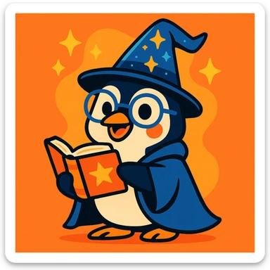 playful penguin wizard with glasses, a spellbook, and a sparkling hat, fun and friendly style sticker