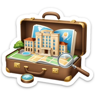An icon featuring a suitcase, a hotel building, symbolizing the academic study of tourism and hospitality. The design includes a travel map and a magnifying glass, representing research into destinations and hospitality management. Transparent background sticker