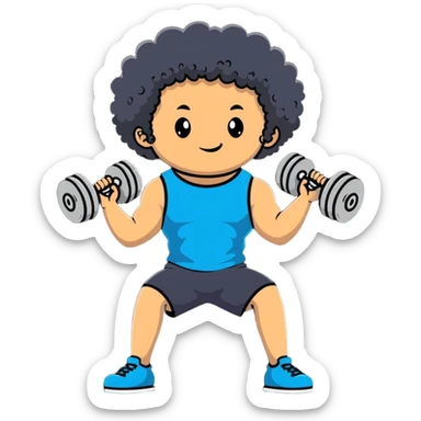 curly haired boy at gym with dumbbells sticker