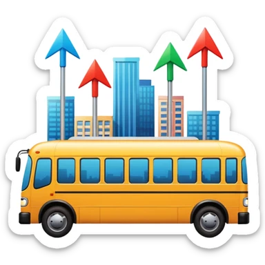 a bus with three colorful directional arrows pointing to city icons, Apple emoji style, vibrant colors sticker