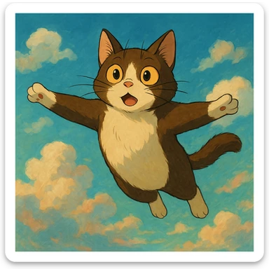 flying cat with expressive eyes in a dreamy sky background in ghibli style sticker