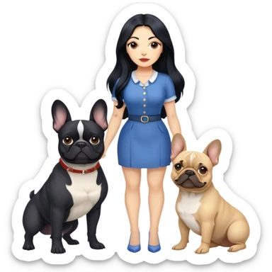 latin woman with long black hair standing alongside two French bulldogs  sticker