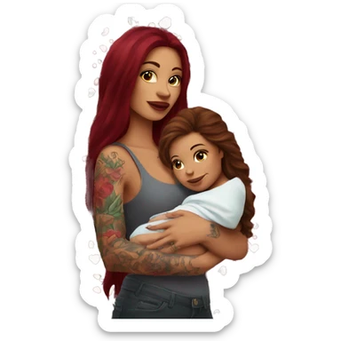 Beautiful tattooed burgundy long haired woman holding a baby sticker