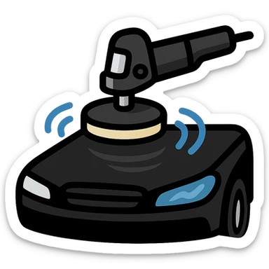 polishing machine icon on the surface of a glossy black car hood with reflection, main color black, metallic silver details, soft waves of shine around the polished area, modern and clean style, no text sticker