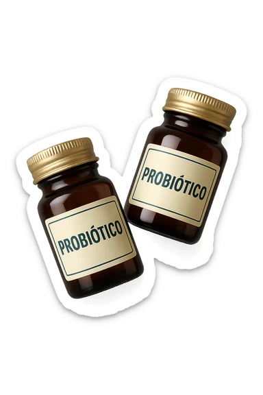 due boccette di integratori con la scritta "PROBIOTICO" SULL'ETICHETTA, FLUTTUANO IN ARIA, realistica 4k sticker