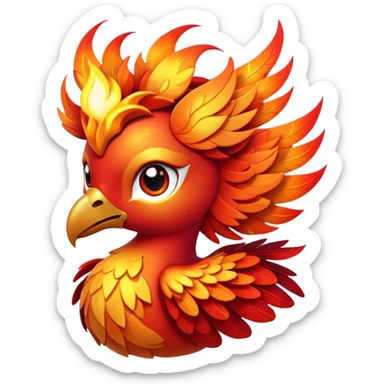 Cinematic Cute Mystical Fire Phoenix Portrait Emoji, Head tilted playfully and inquisitively, showcasing a vibrant, flame-kissed form with intricately detailed feathers in warm shades of red, orange, and shimmering gold, accented by delicate sparks and a gentle, inviting glow; rendered with lifelike detail and soft, radiant light, high shine, enchanting and spirited, styled with a touch of mythic whimsy, soft glowing outline, capturing the essence of a mischievous yet endearing phoenix poised to flutter playfully into your heart! sticker