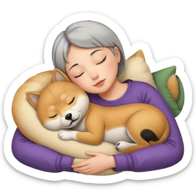 Create a short hair gray hair girl sleeping cuddling with a ton of shiba sticker