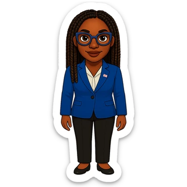 Kemi Badenoch emoji with glasses and braided hair standing, transparent background sticker