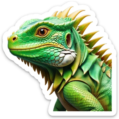 Cinematic Realistic Noble Iguana Portrait Emoji, Poised and commanding, with a robust, elongated body covered in intricately detailed, rough scales in vibrant shades of green with earthy brown accents, and a sharply defined head with piercing amber eyes, rendered with lifelike texture and natural light that accentuates every scale, high shine, intelligent and formidable, styled with an air of tropical authority, focused and attentive, soft glowing outline, capturing the essence of a watchful and confident iguana that appears ready to bask in the sun with effortless grace! sticker