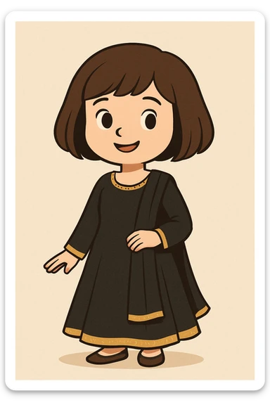 a girl wearing a traditional black Indian dress, bob cut brown hair, white skin, in a cartoon style sticker