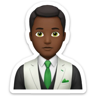 businessman, black skin, white suit vest, green tie sticker