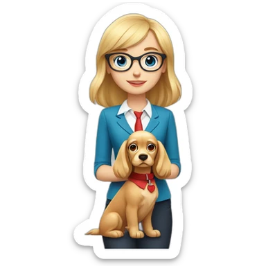 young blonde girl with blue eyes with bangs and a red suit and glasses with her beige cocker spaniel with a red collar sticker