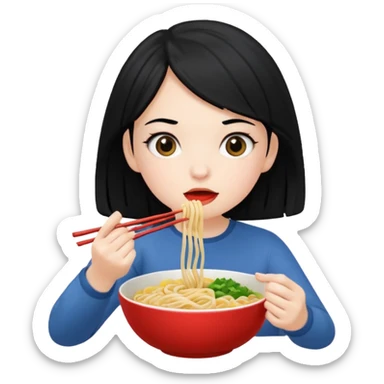 Pale girl with black hair eating noodle  sticker