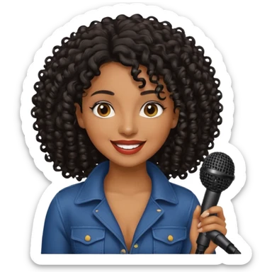 brown skin woman, curly black hair, singer, hold micro sticker