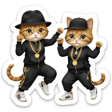 female cat dressed like Run DMC in tracksuit, fedora, Adidas shoes, lots of gold chains, rings, bracelets, earrings, dancing with a friend, no sunglasses sticker