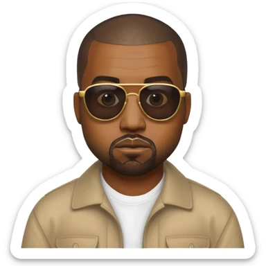 Kanye West with iconic sunglasses, confident expression, apple emoji style sticker