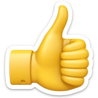 Apple-style 3D illustration of a single yellow emoji hand giving a thumbs up gesture, glossy and rounded, centered on a clean white background, soft shadow underneath, isolated and minimal design sticker