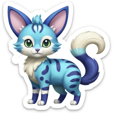 Exotic tropical shiny cute realistic Cobalt-Blue green purple black white Purloin-Meowstic-Minccino-Cinccino-serval-Meowth-caracal-fusion-hybrid-creature (full body) sticker