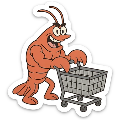 strong lobster pushing a shopping cart, transparent background sticker