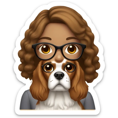 A brown haired white skin girl wearing glasses with a king charles spaniel dog sticker