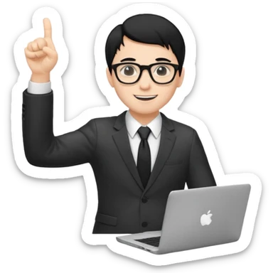 un estudiante con lentes y su laptop CON TERNO Y CABELLO NEGRO,  LEVANTANDO LAS MANOS DANDO LIKE sticker