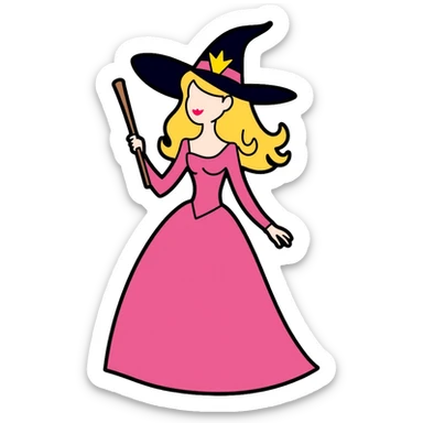 Glinda from Wicked musical, blonde witch with tiara, pink dress and magic wand sticker