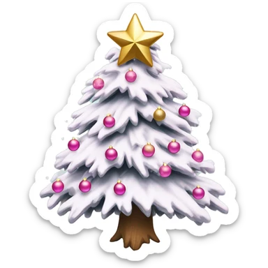 Snow covered pine Christmas tree with pink ornaments and snowflake star gold bows sticker