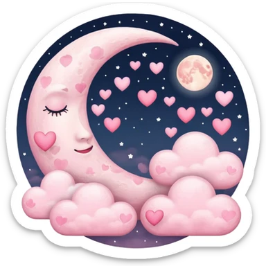 Pink Moon Crescent With Clouds And Hearts sticker