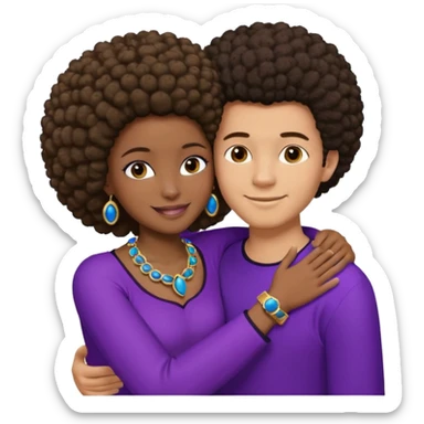 Tan male with short straight, light,brown hair, smiling and hugging a darkblack African girl with Afro in purple clothes with blue jewelry sticker