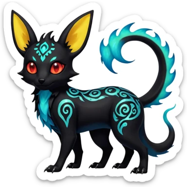Shiny Fiery Dark Ugly Evil Glowing Eldritch Horror Cool Edgy Badass Emo Glorious Demonic Batty Punky Aural Iridescent Fluorescent Bioluminescent Umbreon-Amaura-Salandit-Litten-Flareon-Fakémon-fusion (full body) with intricate pattern markings sticker