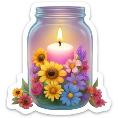 candle burning in a glass jar with flowers and halo sticker