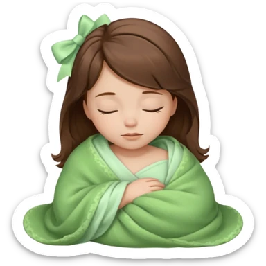 Sleeping child with brown hair wrapped in a light green blanket with a white bow over the blanket sticker