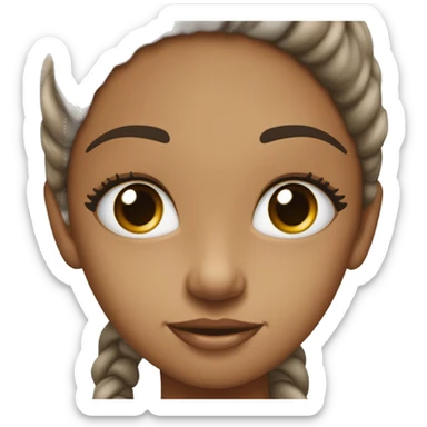 Niña muy blanca ojos grandes cafe oscuro y pestañas muy largas, risa amable. Pelo largo liso café oscuro con un moño grande y fleco enfrente. sticker