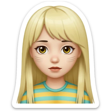 Girl with long straight dark brown hair and blonde striped streaks, with bangs. Light skin and dark eyes. Turn her into a cute zombie version — pale greenish skin, dark eyes, small wounds under eyes, keep her hair and mechas the same, emoji-style. sticker