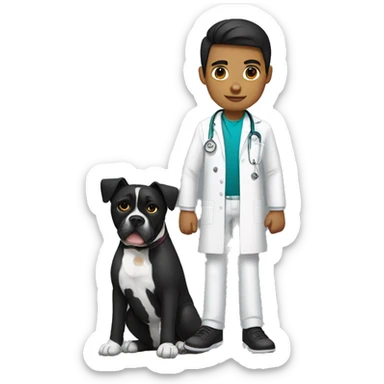 Young Mexican doctor with big black boxer dog with white face sticker