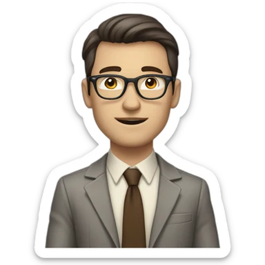 Full height Actively gesturing with hands Pale skinned fit man with dark brown hair in gray jacket, beige office shirt, brown tie, brown pants and vintage glasses. sticker