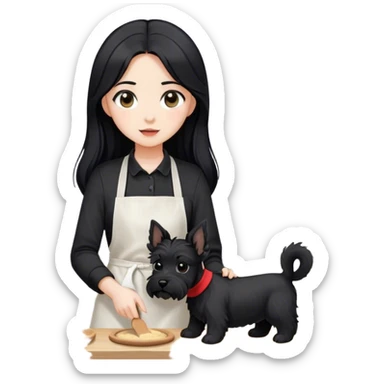 pale girl with long black hair wearing black long sleeve tshirt wearing apron and baking holding black floppy ear schnauzer no tail sticker