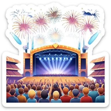 An icon showing a stadium stage with a concert in full swing, bright stage lights illuminating the performers, and fireworks bursting in the sky. The excitement of the crowd is palpable, symbolizing a love for live music and unforgettable shows. transparent background. sticker