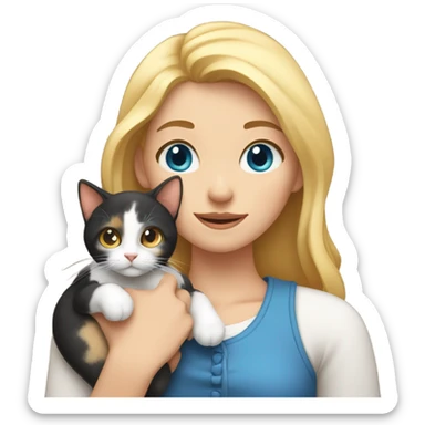 Blue eyes blonde girl, holding a calico cat sticker