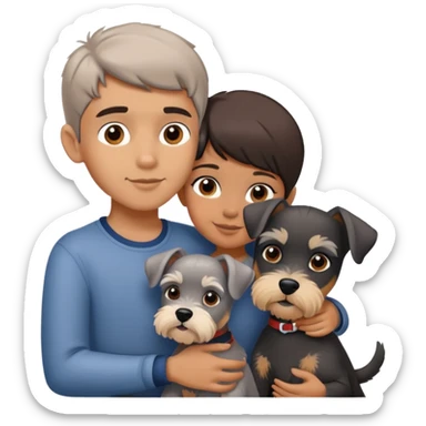 a boy and a shorthair girl hugs a Schnauzer sticker